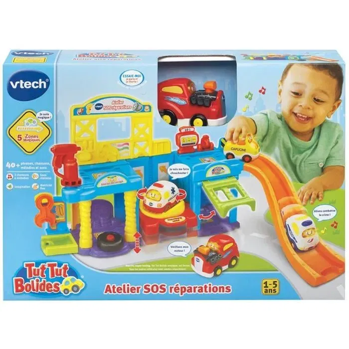 VTech - Atelier SOS Réparations Tut Tut Bolides - Jeu électronique avec ascenseur hydraulique, station-service, garage - 1 véhicule parlant, 3 chansons - Version française