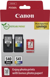Canon PG-540 + CL-541 Value Pack Noir / Couleurs / Blanc Value Pack avec 50 feuilles de papier photo 10x15 cm