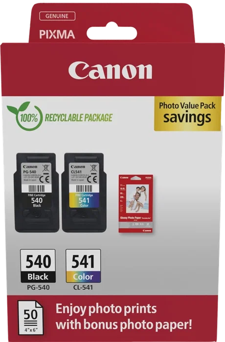 Canon PG-540 + CL-541 Value Pack Noir / Couleurs / Blanc Value Pack avec 50 feuilles de papier photo 10x15 cm