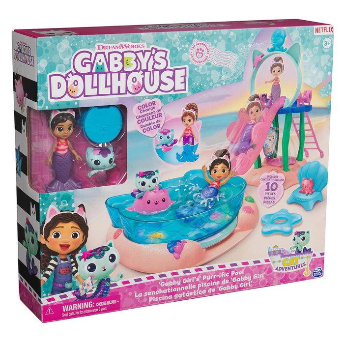 Spin Master Maison de Poupées Gabby Playset Piscine 6067878 avec Tobogán et Chat Marine à Queue Changeant de Couleur au Contact de l'Eau - Pour Enfants 3 Ans et Plus