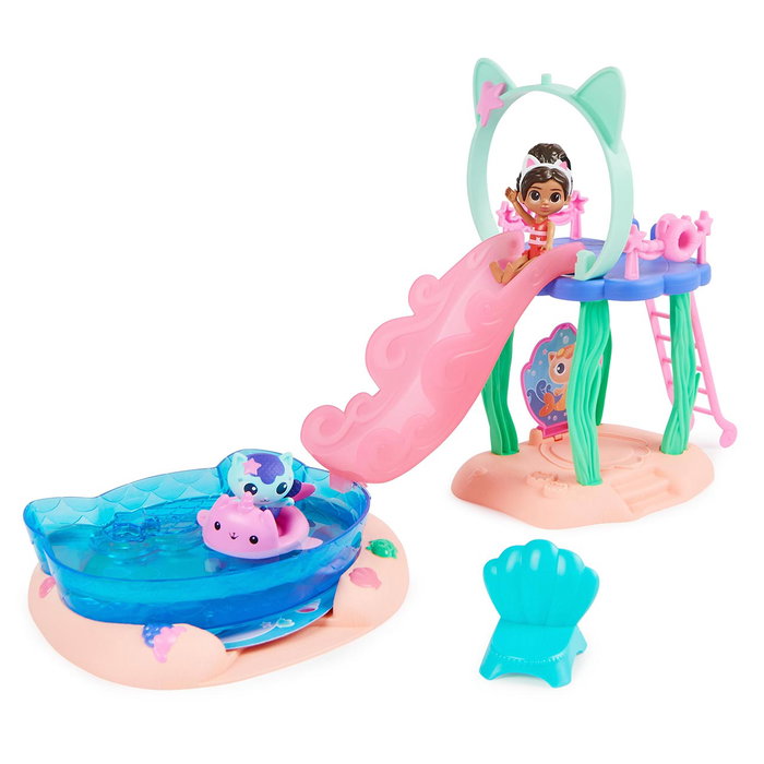 Spin Master Maison de Poupées Gabby Playset Piscine 6067878 avec Tobogán et Chat Marine à Queue Changeant de Couleur au Contact de l'Eau - Pour Enfants 3 Ans et Plus