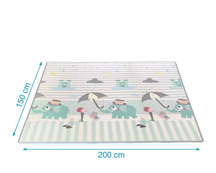 KioKids Tapis de jeu pliable bébé Elephants & Sports, 150 x 200 cm, épaisseur 1 cm, imperméable, reversible, matériau XPE sans BPA, pour tapis d'éveil et d'apprentissage motricité