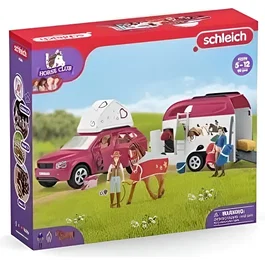 Schleich 42535 Horse Club - Coffret figurines voyage en voiture avec remorque pour chevaux, jouet pour enfants de 5 ans et plus