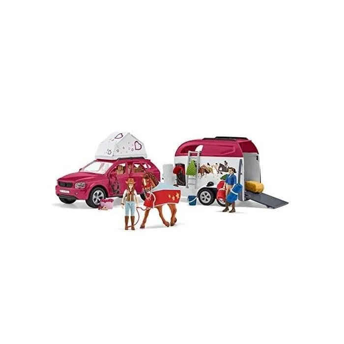 Schleich 42535 Horse Club - Coffret figurines voyage en voiture avec remorque pour chevaux, jouet pour enfants de 5 ans et plus