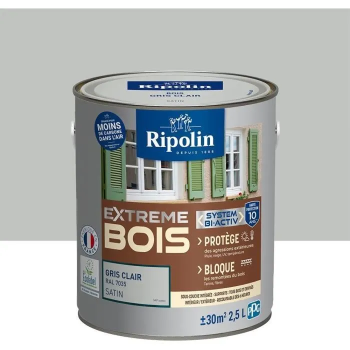 Ripolin Peinture pour bois intérieur et extérieur - Gris clair RAL 7035 satiné - Résistante aux chocs et lessivage - 2,5 litres