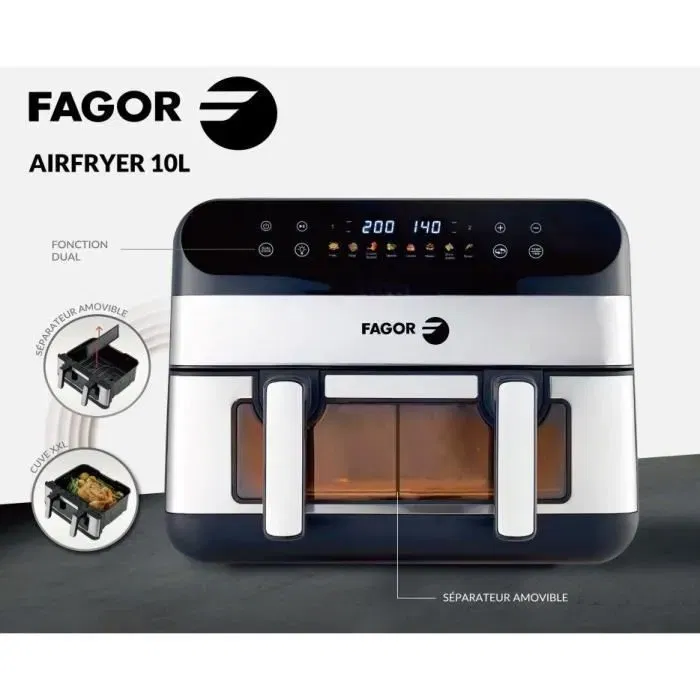 Fagor FGF10 Friteuse sans huile Airfryer - 10L, 2400W, cuve double, 8 programmes, cuisson saine, grand modèle familial