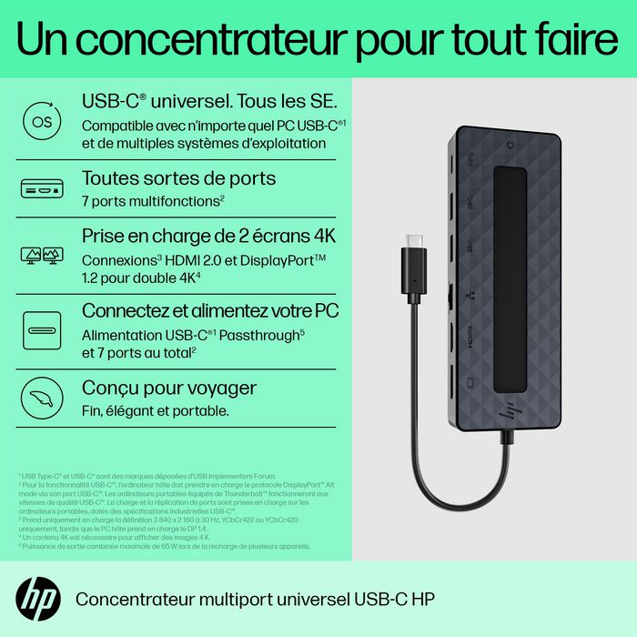 HP Concentrateur multiport universel USB-C avec 7 ports, HDMI 2.0, DisplayPort et câble passthrough pour PC et écrans 4K HP Concentrateur multiport universel USB-C avec 7 ports, HDMI 2.0, DisplayPort et câble passthrough pour PC et écrans 4K