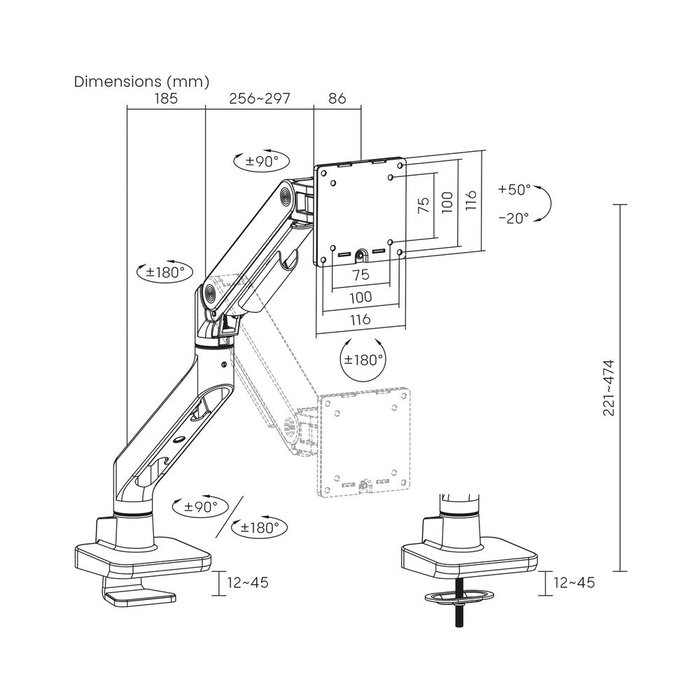 ACT AC8340 Support mural pour moniteur 49 pouces avec ressort à gaz, ergonomique, VESA 75x100, noir