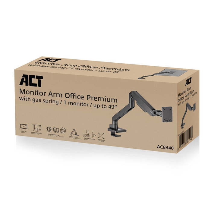 ACT AC8340 Support mural pour moniteur 49 pouces avec ressort à gaz, ergonomique, VESA 75x100, noir