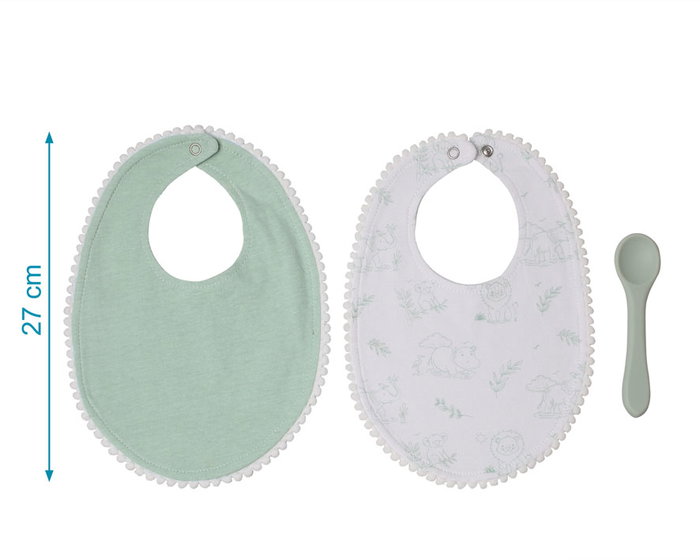 KioKids - Set de deux bavoirs avec cuillère en silicone - Bavoirs en coton et cuillère en silicone alimentaire - Pour bébés à partir de 4 mois - Vert
