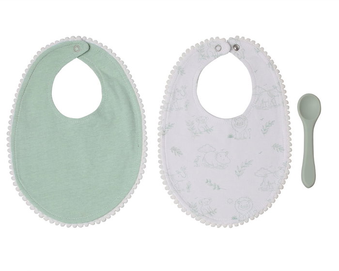 KioKids - Set de deux bavoirs avec cuillère en silicone - Bavoirs en coton et cuillère en silicone alimentaire - Pour bébés à partir de 4 mois - Vert