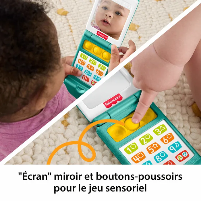 Fisher-Price - Téléphone portable à clapet éducatif pour enfant - Sons, lumières, 12 boutons, écran miroir, apprentissages Fisher-Price - Téléphone portable à clapet éducatif pour enfant - Sons, lumières, 12 boutons, écran miroir, apprentissages