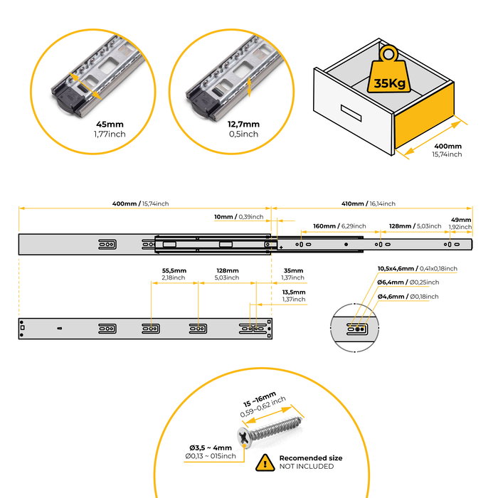 Emuca Jeu de coulisses à billes pour tiroirs à sortie totale, fermeture amortie, hauteur 45mm, longueur 400mm, Acier, Zingué Emuca Jeu de coulisses à billes pour tiroirs à sortie totale, fermeture amortie, hauteur 45mm, longueur 400mm, Acier, Zingué