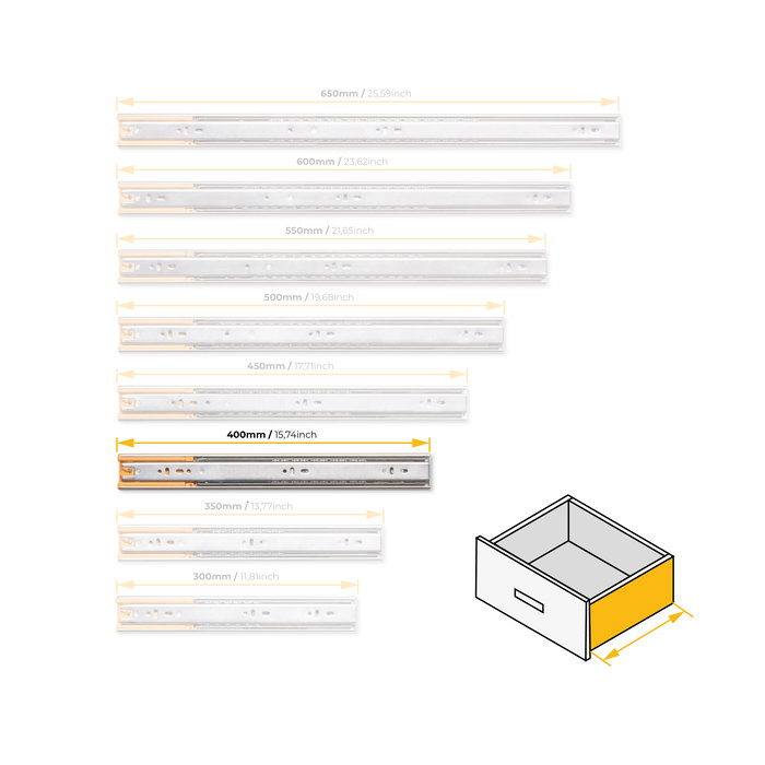 Emuca Jeu de coulisses à billes pour tiroirs à sortie totale, fermeture amortie, hauteur 45mm, longueur 400mm, Acier, Zingué Emuca Jeu de coulisses à billes pour tiroirs à sortie totale, fermeture amortie, hauteur 45mm, longueur 400mm, Acier, Zingué