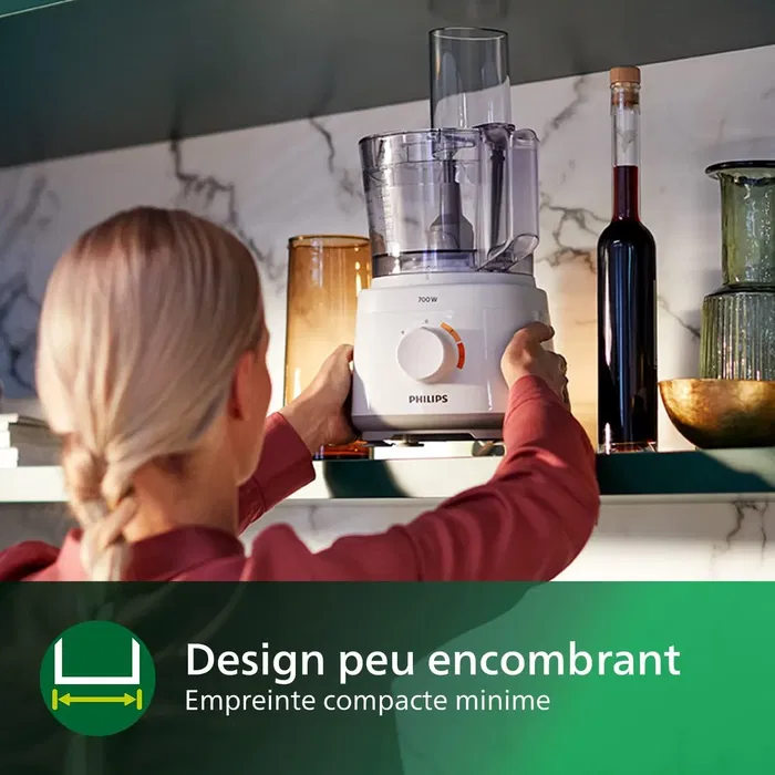 Philips HR7320/00 - Robot de cuisine multifonction Daily Compact - 700 W - Bol 2.1 L - 19 fonctions - Tranche, Râpe, Fouet - Blanc