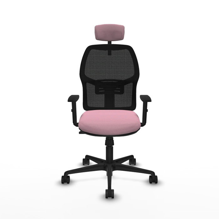 Chaise Alfera Synchro 4 positions tissu Rose Maille Noir Base en nylon noir Accoudoir 1D Appui-tête 2D Roulettes 65mm nylon