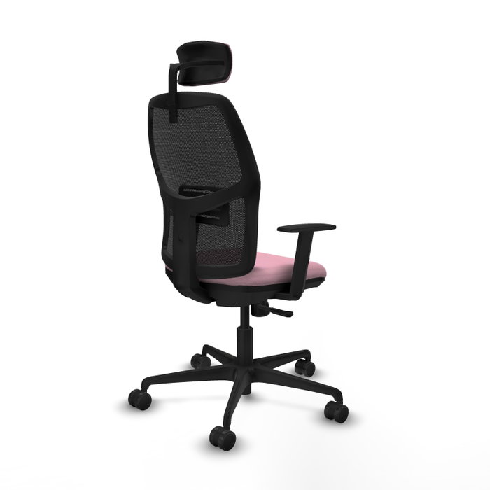Chaise Alfera Synchro 4 positions tissu Rose Maille Noir Base en nylon noir Accoudoir 1D Appui-tête 2D Roulettes 65mm nylon