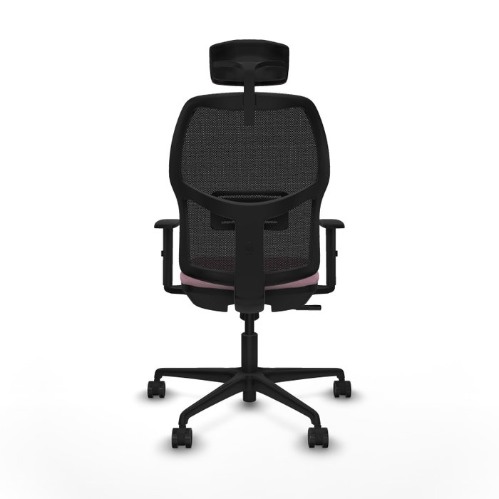 Chaise Alfera Synchro 4 positions tissu Rose Maille Noir Base en nylon noir Accoudoir 1D Appui-tête 2D Roulettes 65mm nylon