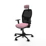 Chaise Alfera Synchro 4 positions tissu Rose Maille Noir Base en nylon noir Accoudoir 1D Appui-tête 2D Roulettes 65mm nylon
