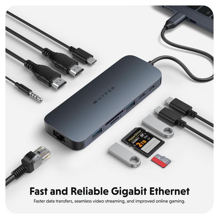 Hyper Hub USB-C Next 11 Ports 10Gbps 140W PD 3.1, 2x HDMI 4K60Hz SD/microSD 312MB/s, RJ45, Audio Hyper Hub USB-C Next 11 Ports 10Gbps 140W PD 3.1, 2x HDMI 4K60Hz SD/microSD 312MB/s, RJ45, Audio
