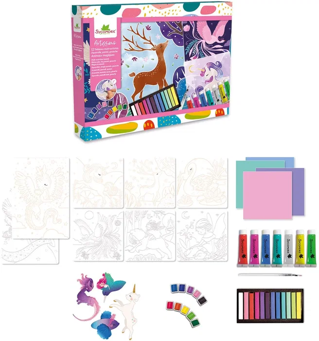 Sycomore - Coffret Multi-activités Artissimo XXL - Aquarelle, Pastels Secs, Peinture Acrylique - 12 Tableaux Féériques - À partir de 7 ans