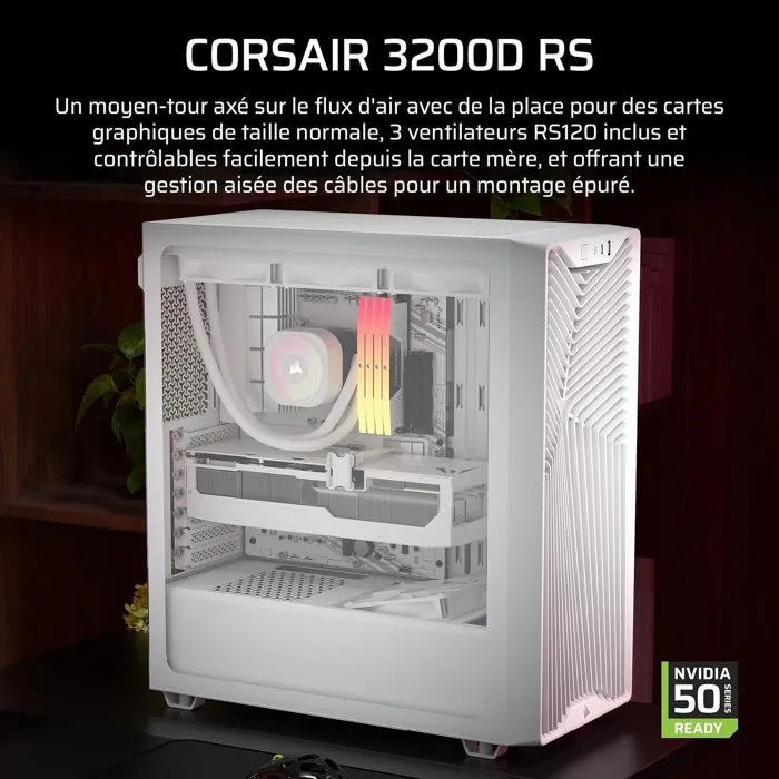 Corsair 3200D RS Boîtier PC Moyen Tour Blanc - 3 Ventilateurs RS120 - Compatible Carte Mère Connexion Inversée - USB Type-C Corsair 3200D RS Boîtier PC Moyen Tour Blanc - 3 Ventilateurs RS120 - Compatible Carte Mère Connexion Inversée - USB Type-C