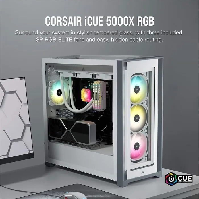 Corsair CC-9011213-WW iCUE 5000X RGB Boîtier PC Moyen Tour ATX en Verre Trempé avec Ventilateurs RGB - Blanc