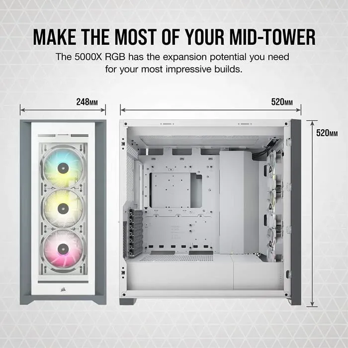 Corsair CC-9011213-WW iCUE 5000X RGB Boîtier PC Moyen Tour ATX en Verre Trempé avec Ventilateurs RGB - Blanc