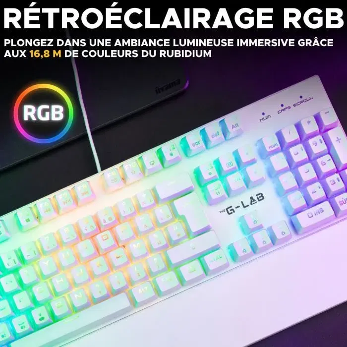 The G-Lab KEYZ RUBIDIUM - Clavier Gamer Mécanique Azerty, Switches Rouge (Outemu), Rétroéclairage RGB, Repose-Poignet Magnétique, Filaire, Blanc