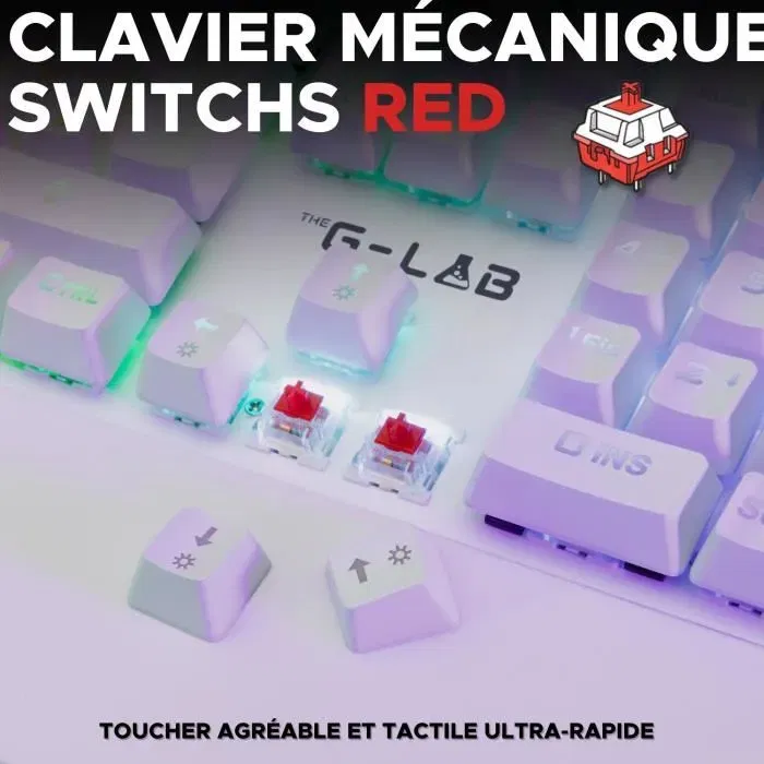 The G-Lab KEYZ RUBIDIUM - Clavier Gamer Mécanique Azerty, Switches Rouge (Outemu), Rétroéclairage RGB, Repose-Poignet Magnétique, Filaire, Blanc
