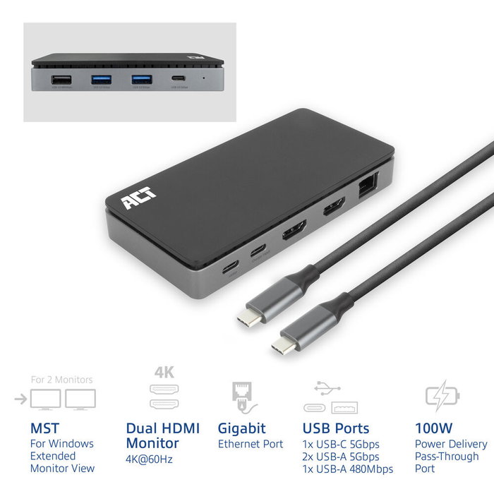 Act Connectivity Docking Station USB-C 8-en-1 AC7093 - 2x HDMI 4K 60Hz, Ethernet Gigabit, 100W PD, 3x USB-A, USB-C, câble 1m Act Connectivity Docking Station USB-C 8-en-1 AC7093 - 2x HDMI 4K 60Hz, Ethernet Gigabit, 100W PD, 3x USB-A, USB-C, câble 1m