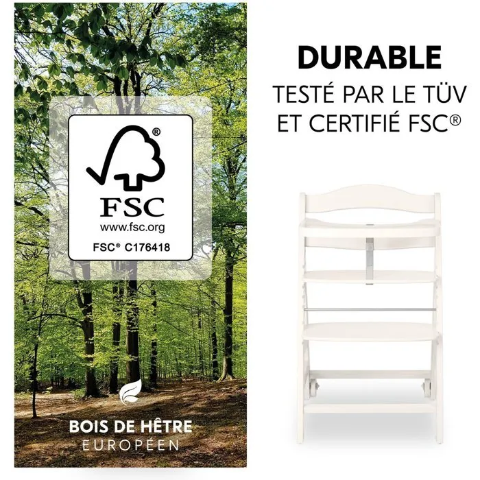 Hauck Chaise haute évolutive BETA+ en bois FSC, de 6 mois à 90 kg, blanc - Harnais 5 points, roulettes et plateau amovible