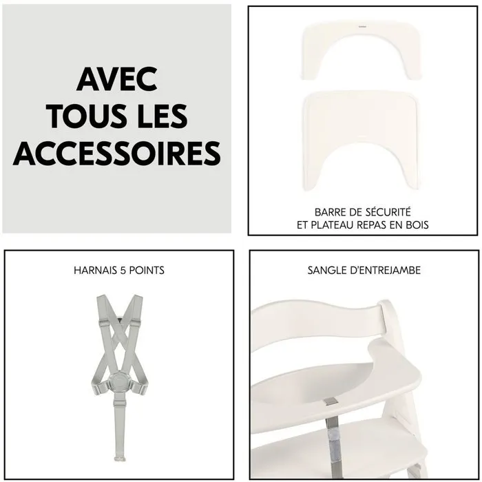 Hauck Chaise haute évolutive BETA+ en bois FSC, de 6 mois à 90 kg, blanc - Harnais 5 points, roulettes et plateau amovible