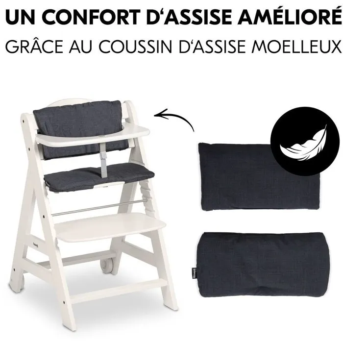 Hauck Chaise haute évolutive BETA+ en bois FSC, de 6 mois à 90 kg, blanc - Harnais 5 points, roulettes et plateau amovible