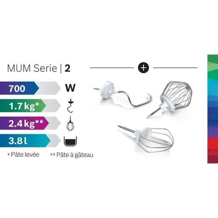 Bosch MUMS2AW00 Robot pâtissier - Serie 2 - Blanc - 700 W - 4 vitesses - Bol 3,8 L - Avec fouet, batteur et crochet pétrisseur
