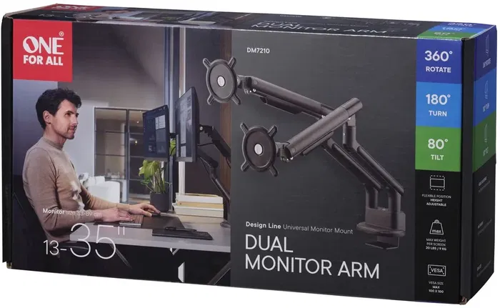 One For All Support de Moniteur Double Bras Noir VESA 100 Compatible 13 à 35 Pouces (max 10 kg) Hauteur Réglable 360° Rotation 80° Inclinaison