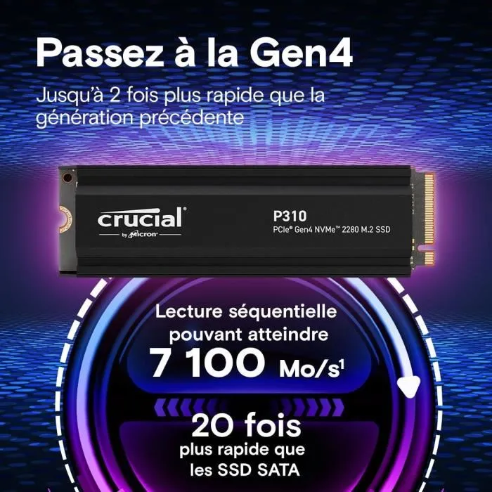 Crucial SSD interne P310 1TB NVMe M.2 Gen4 jusqu'à 7100 Mo/s