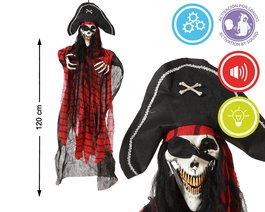 Squelette Pirate Décoratif Suspendu avec Chapeau, Lumière et Son, 120 cm - Figurine à Mettre en Mouvement par Son pour Halloween et Fêtes Thématiques