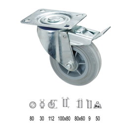 WOLFPACK LINEA PROFESIONAL Rueda Industrial Goma Gris Placa con freno 80mm