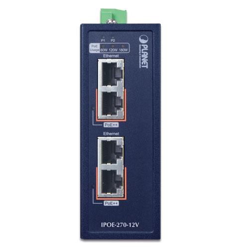 Planet IPOE-270-12V Injecteur PoE++ Industriel 2 ports 2.5G/5G 90W 12V IP30