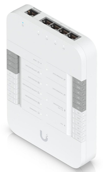 Ubiquiti Hub de contrôle d'accès avec 5 ports RJ-45 PoE++, interfaces pour opérateurs de portail, serrure et sirène