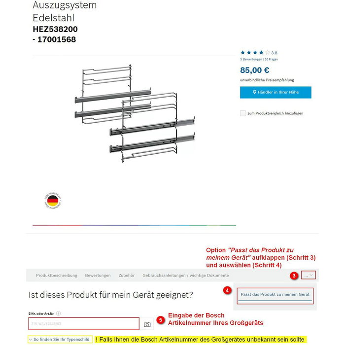 Bosch HEZ538000 Rail télescopique Cliprail 1 niveau Inox