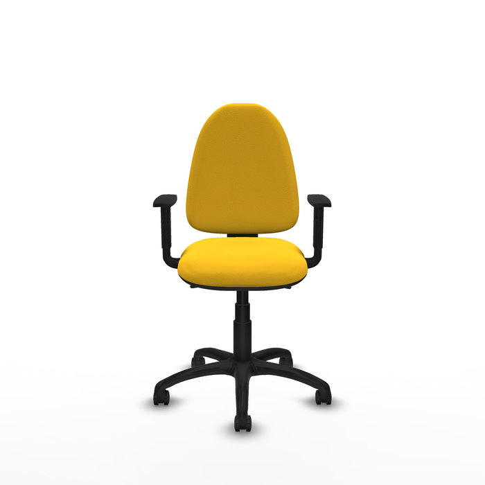 Chaise de bureau Aýna avec mécanisme Asincro, revêtement en simili cuir jaune. Équipée d'une base en polyamide noir, d'accoudoirs 1D et de roulettes pour parquet
