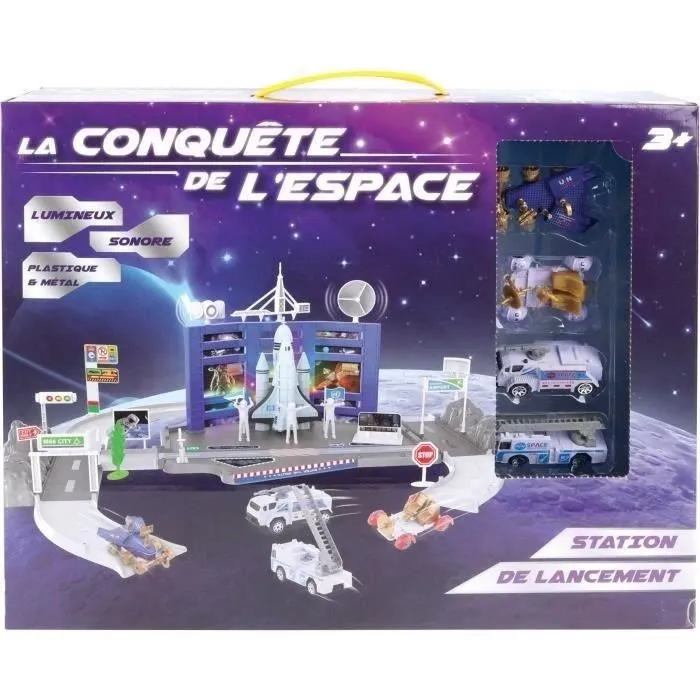 MGM Station de Lancement Navette Spatiale Interactivo - 3 Véhicules en Métal avec Effets Sonores et Lumineux, Stickers Inclus