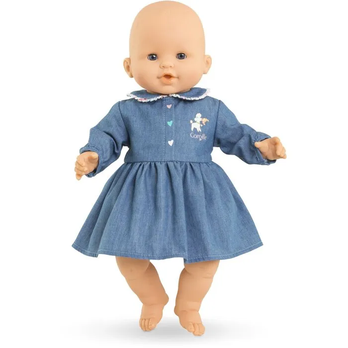Corolle Robe poupée 36 cm imitation denim bleue avec col claudine et sérigraphie petit chien pour poupon, idéale dès 2 ans