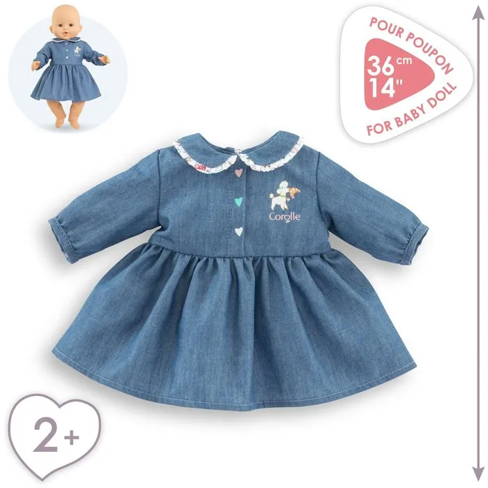 Corolle Robe poupée 36 cm imitation denim bleue avec col claudine et sérigraphie petit chien pour poupon, idéale dès 2 ans