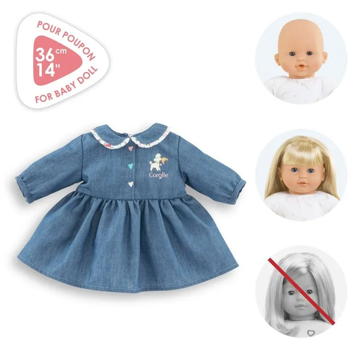 Corolle Robe poupée 36 cm imitation denim bleue avec col claudine et sérigraphie petit chien pour poupon, idéale dès 2 ans