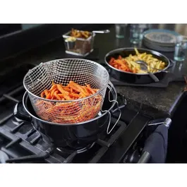 Baumalu Friteuse à friture email 26 cm, 5 litres, noir avec panier et couvercle- plat de service, compatible induction