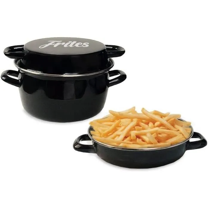Baumalu Friteuse à friture email 26 cm, 5 litres, noir avec panier et couvercle- plat de service, compatible induction