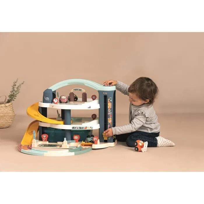 Smoby Garage 1er âge Little Smoby, 3 niveaux avec ascenseur, station lavage et rampe, inclut 1 voiture, 1 hélicoptère, 4 pistes, pour enfant dès 18 mois